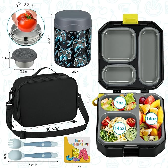 wiwens Bento Lunch Box for Kids with 12oz Soup Thermo Leak-Proof Lunch Food Container with 5 Compartment Thermo Hot Food Jar and Insulated Lunch Bag for Kid Toddler Girls Boys to School