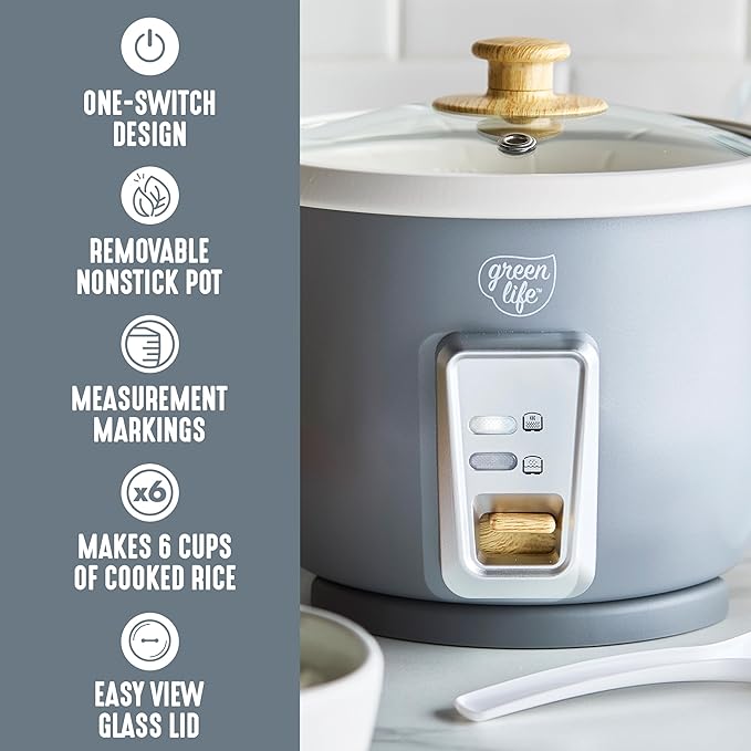 GreenLife Rice Cooker with Removable PFAS-Free Ceramic Nonstick Pot, 3-Cups Uncooked/6-Cups Cooked, Grains & Oatmeal Multicooker, Compact One-Switch Design, Auto Keep Warm, Easy Clean, Gray