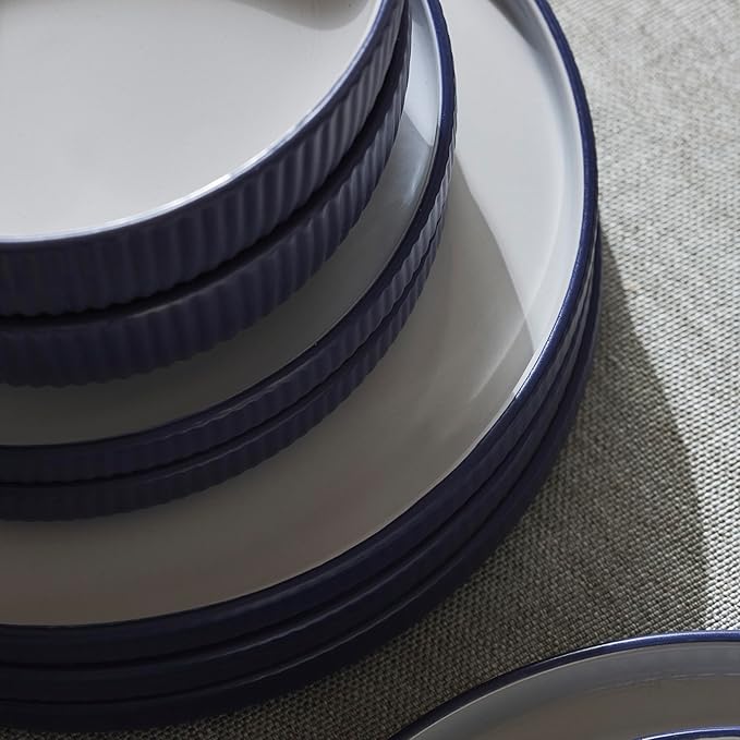 Christian Siriano Laro 24-Piece Stoneware Dinnerware Set, Plates and Bowls Set, Microwave and Dishwasher Safe, Dish Set for 8, Dark Blue