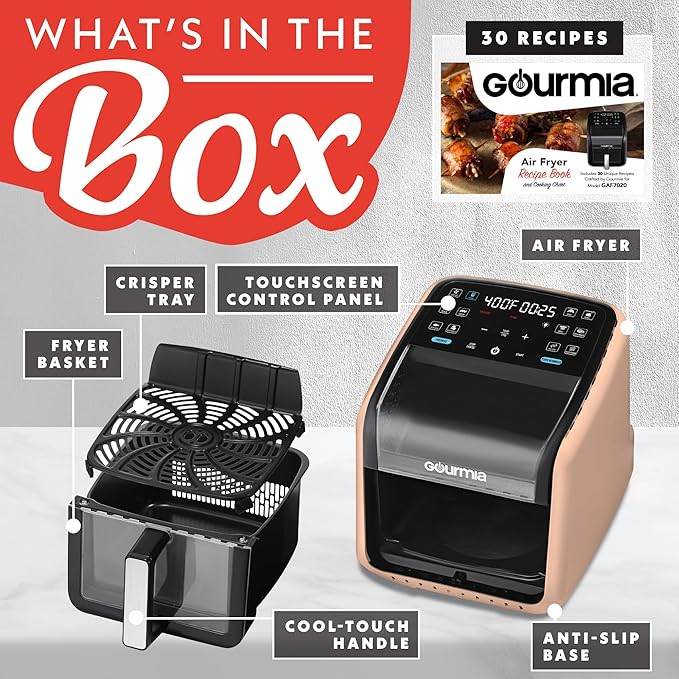 Gourmia Air Fryer 7 QT - Easy View Panorama Window & Interior Light, Guided Cooking with 12 One-Touch Presets, FryForce 360, Dishwasher Safe Accessories, Peach
