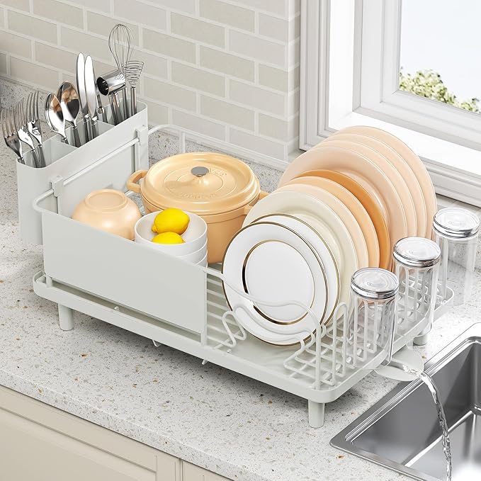 Dish Drying Rack Large Capacity - Stainless Steel Dish Rack for Kitchen Counter with Drain Board, Rustproof Dish Drainer with Auto Drain Spout, Utensil Holder & Glass Holder, Dinnerware Organizer
