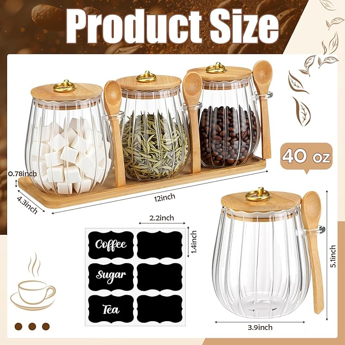 Suclain 3 Pcs Glass Coffee Container with Wooden Lid Spoon Shelf Labels Airtight Sugar Canister Set with Metal Handle Clear Jar Food Storage for Spice Coffee Bean Powder Housewarming Gift(Oval)