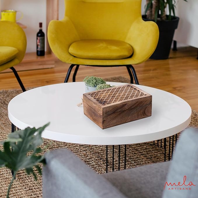 Mela Artisans 10.5” x 7.5” x 4” Mango Wood Box with Lid – Trellis Medium Burnt – Handcrafted Keepsake Box – Extra Large Storage for Jewelry & Home Décor Accents