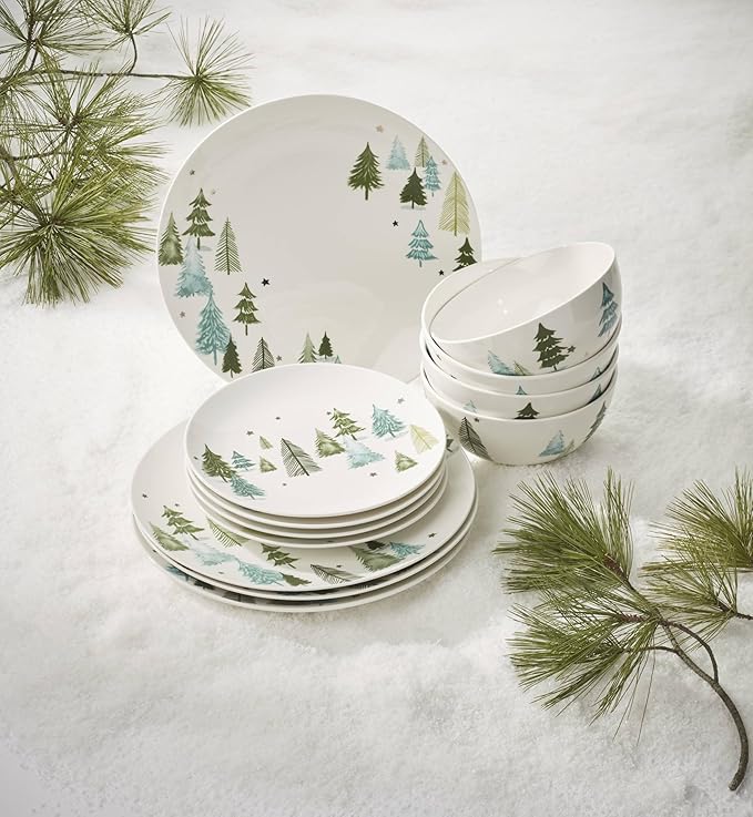 Lenox 893565 Balsam Lane 12-Piece Dinnerware Set, Green, Christmas, Holiday Hosting