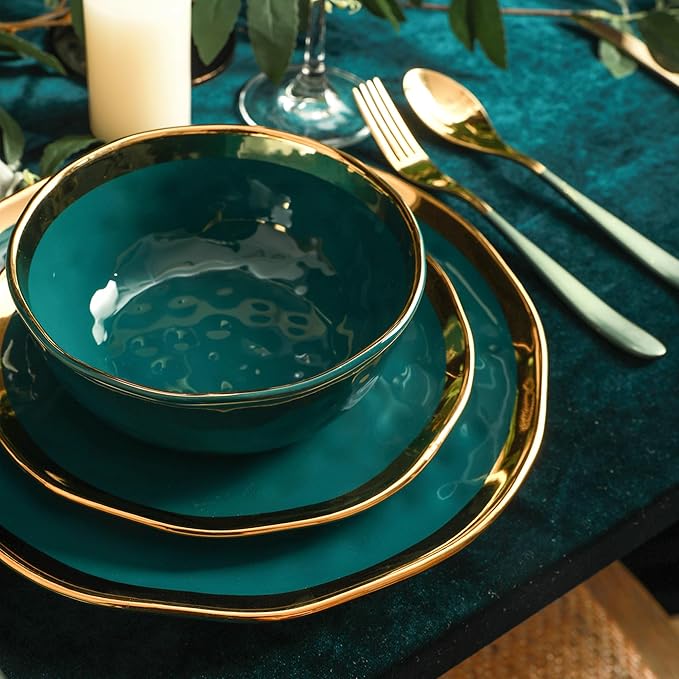 Stone Lain Florian Modern Porcelain Dish Set, 32-Piece Dishes for 8, Gold and Green (Porcelain Dinnerware Set)