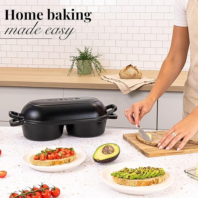 Dutch Oven for Sourdough Bread Baking – Enamelled Cast Iron Bread Loaf Pot – 500°F Oven Safe Non Stick Bread Pot – Double Round Loaf Space, 16.5cm Diameter, Black, – by Nuovva