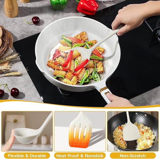 Onader Kitchen Cooking Utensils Set of 10, Silicone Utensils Set for Cooking, Includes Non Toxic Turner Spoon Spatula Whisk Pasta Server - White