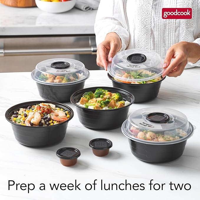 GoodCook 4-Cup Meal Prep Bowls Set with Lids and Dressing Cup, Microwavable Food Storage Containers for Meal Prepping, Set of 10, Black