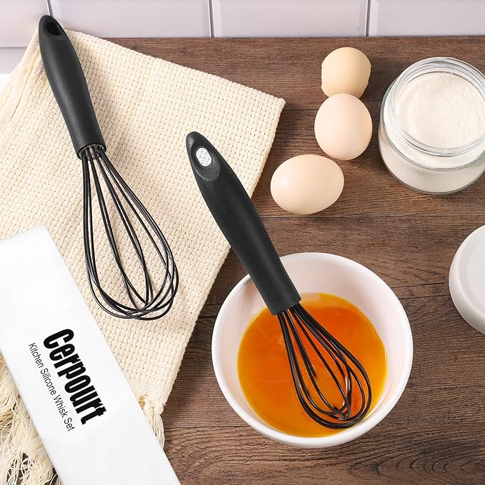 Silicone Whisk,Heat Resistant Non Scratch Whisks Set of 3,Stainless Steel & Silicone Wisk for Cooking,Kitchen Whisk For Nonstick Cookware,Balloon Egg Whisk Perfect for Blending,Beating,Frothing-Black