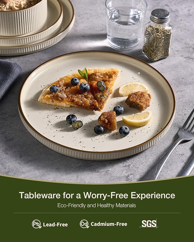 Famiware Star 24-Piece Stoneware Dinnerware Sets with Trim, Service for 8 - Ceramic Plates and Bowls Set, Ribbed Dishes with High Edge, Chip & Scratch Resistant, Microwave & Dishwasher Safe, Cream