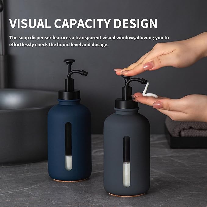 Enra Glass Soap Dispenser with Window, 17oz Dark Gray Stainless Steel Hand Pump for Bathroom Kitchen - Countertop Lotion Bottle (Dark Gray-Round-Liquid)