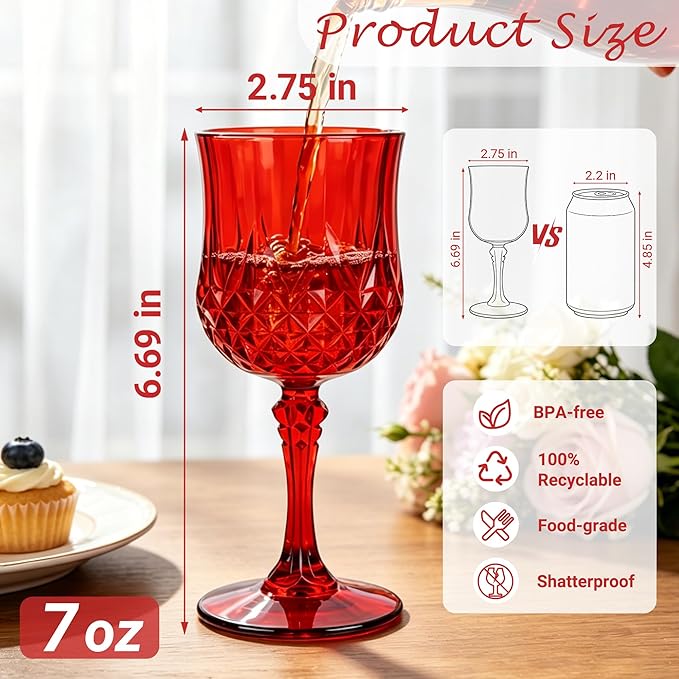 Plastic Wine Glasses, Plastic Goblets Vintage Style Cordial Unbreakable Drinking Glasses, Reusable Drinkware for Wedding Reception, Grand Event Party Supplies,Mother's Day (12, Red)