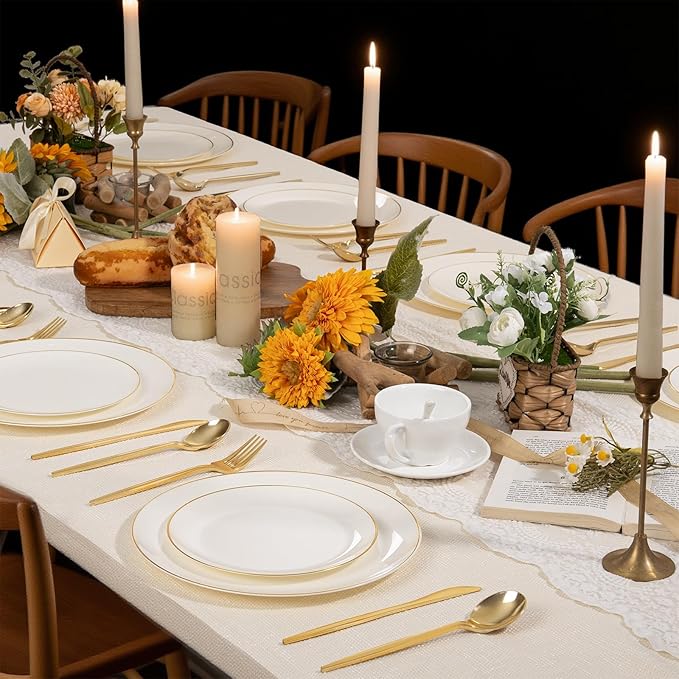 PULOTE 60 PCS Ivory Plastic Plates - Cream Plastic Disposable Include 30 Dinner and 30 Dessert Plates with Gold Rim - Ideal for Party & Wedding