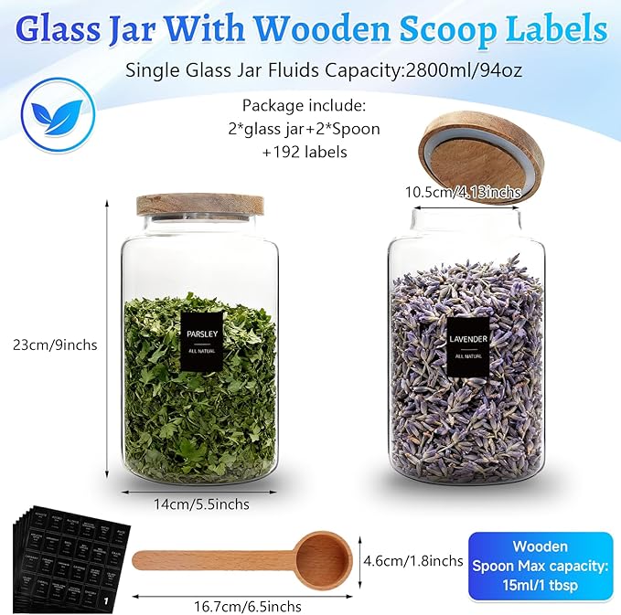 Glass Coffee Jar with Wood Lids Spoon Labels Clear Coffee Ground Canister set of 2,Borosilicate Glass Food Containers for Spice Cookies Sugar Tea Bar (2800ml/94oz-2 pack-with spoon)