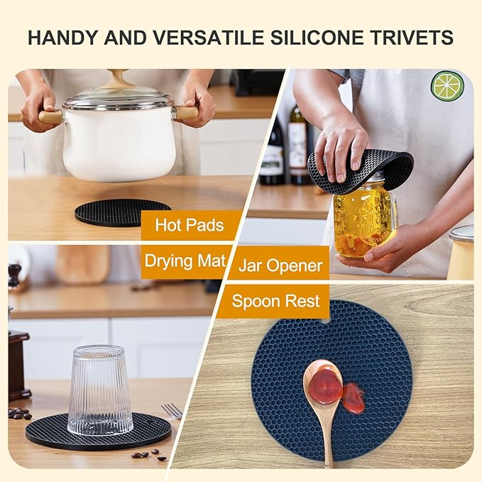 Silicone Trivet Mats, 4 Pack Hot Pads Pot Holders for Kitchen, Heat Resistant Non-Slip Trivets for Hot Dishes, Hot Pots and Pans, Countertop, Table, Food Grade Silicone & BPA Free, Black