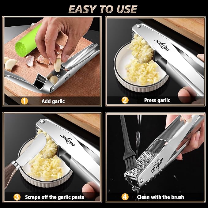 Garlic Press Stainless Steel, Premium Garlic Mincer - 5 Years Warranty - No Need to Peel Garlic Crusher, Ginger Masher & Presser Large Trough Ergonomic Handle, Easy Squeeze，Dishwasher Safe
