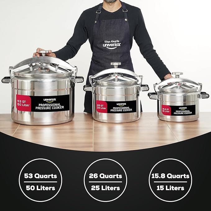 Universal (Large) 26-Quart Aluminum Pressure Cooker for Professional Use – Commercial-Grade, 1 Safety Valve, Reinforced Handles, Easy-Open Lid, – Ideal for Large Kitchens, and Restaurants