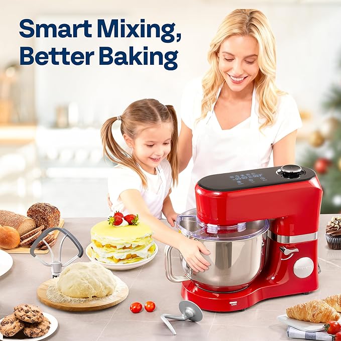VIVOHOME Stand Mixer with Fermentation, One-Touch Presets Electric Dough Mixer with 6 Qt Bowl, Kitchen Standing Mixer for Baking, Cake with Flex Edge Beater, Bread Hook, Whisk, Red