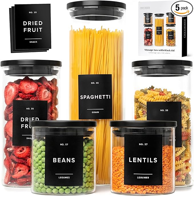 EDELHAUS Glass Storage Containers with Black Lids [Extra Thick Glas] with 54 Labels - Canister For Pantry Noodles Flour Cereal Rice Sugar Tea Coffee Beans - Round Set of 5x