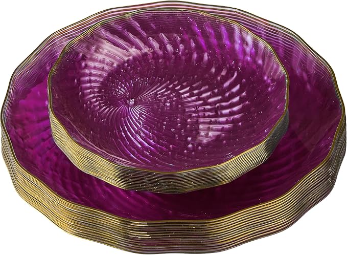 PLASTICPRO 30 Pack Plastic Set of 15-10 inch Plates and 15-7 inch Dishes Elegant Clear Purple Spiral and Gold Rim Disposable Fancy Plates Premium Heavyweight