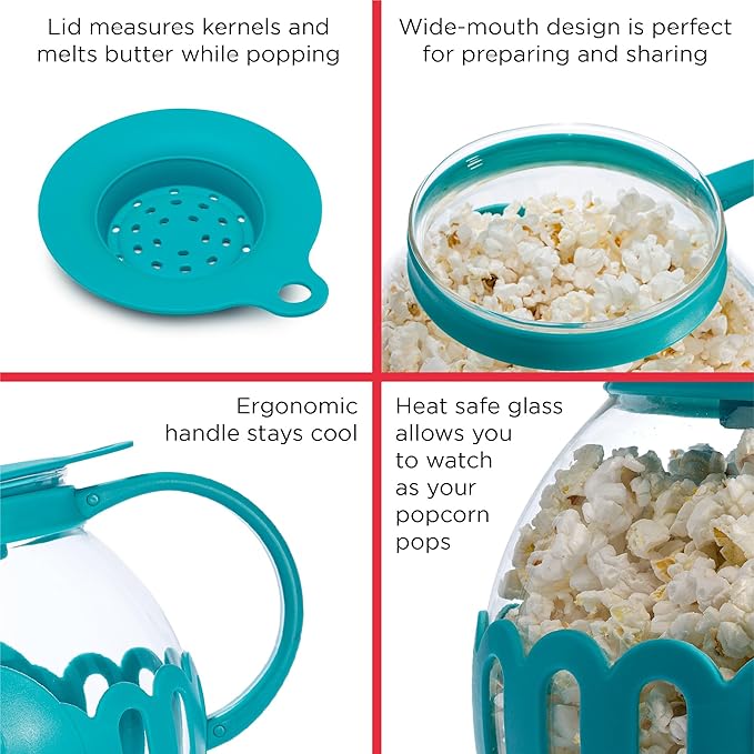 Ecolution Patented Micro-Pop Microwave Popcorn Popper with Temperature Safe Glass,3-in-1 Lid Measures Kernels and Melts Butter,Made Without BPA,Dishwasher Safe,1.5-Quart,Teal,(Pack of 4)