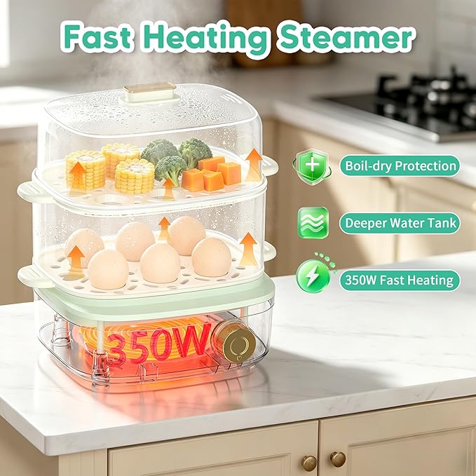 Electric Food Steamer for Cooking, 2-Tier Rapid Egg Cooker, Stackable Steam Cooker for Baby Food, Meal Prep, Quick Healthy Cooking for Vegetables, BPA-Free, 30-Min Timer, 3 Containers&1 Spoon Included