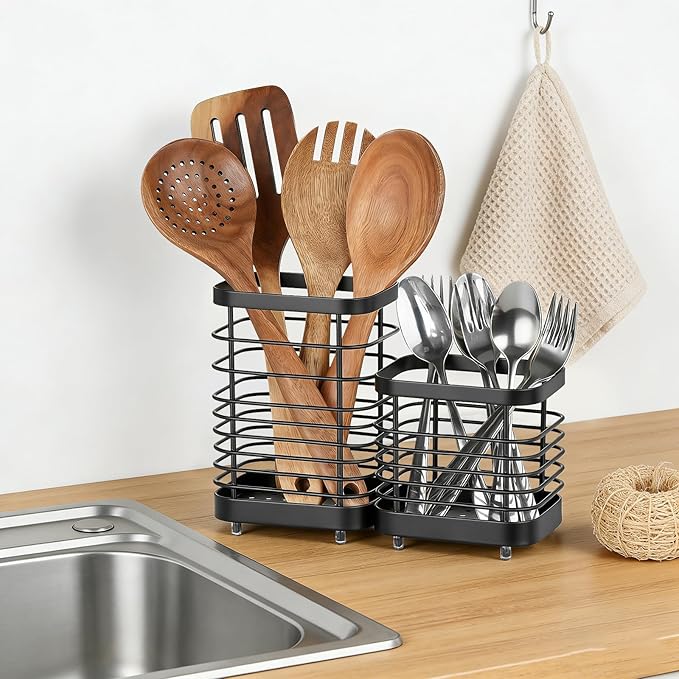 Utensil Holder, Stainless Steel Utensil Drying Rack for Kitchen Counter, Silverware Cutlery Flatware Holder Forks, Knives, Spoons, Chopsticks Organizer (Black)