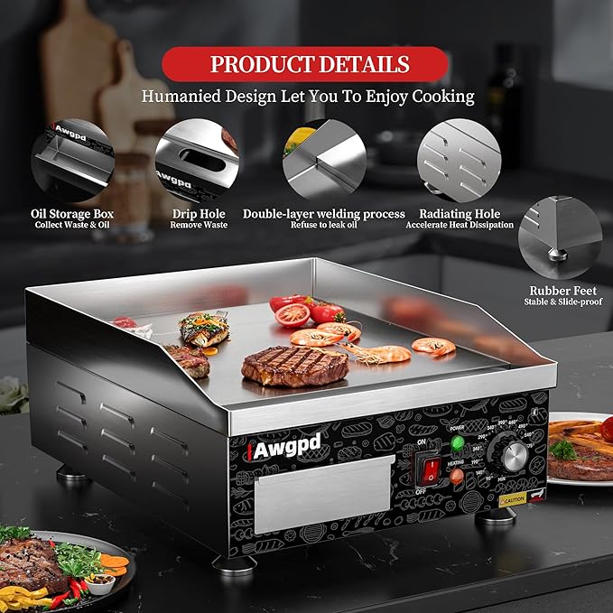 14" Commercial Electric Griddle,Electric Countertop Flat Top Griddle,110V 1800W Electric Flat Top Grill,Non-Stick Restaurant Teppanyaki Stainless Steel Grill,Adjustable Temperature Control