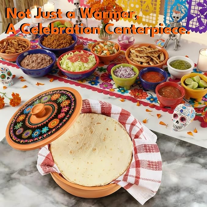 Terracotta Tortilla Warmer Day of the Dead - Mexican Clay Tortilla Holder with Decorative Marigold Lid & Warmer Cloth, Authentic Día de Muertos Terra Cotta Tortillero Holder for Parties & Celebrations