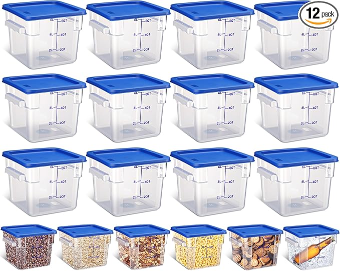 Yungyan 12 Pcs 6 Qt Commercial Food Storage Containers with blue Lids Restaurant Square Airtight Food Storage Containers Clear Cereal Container for Kitchen Freezer Dishwasher Pantry