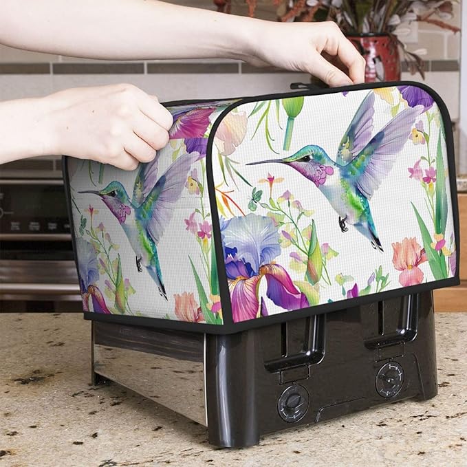 Toaster Cover 4 Slice Spring Hummingbird Iris Floral Waterproof Appliance Cover with Hang Loop Bread Baker Toaster Cover for Kitchen