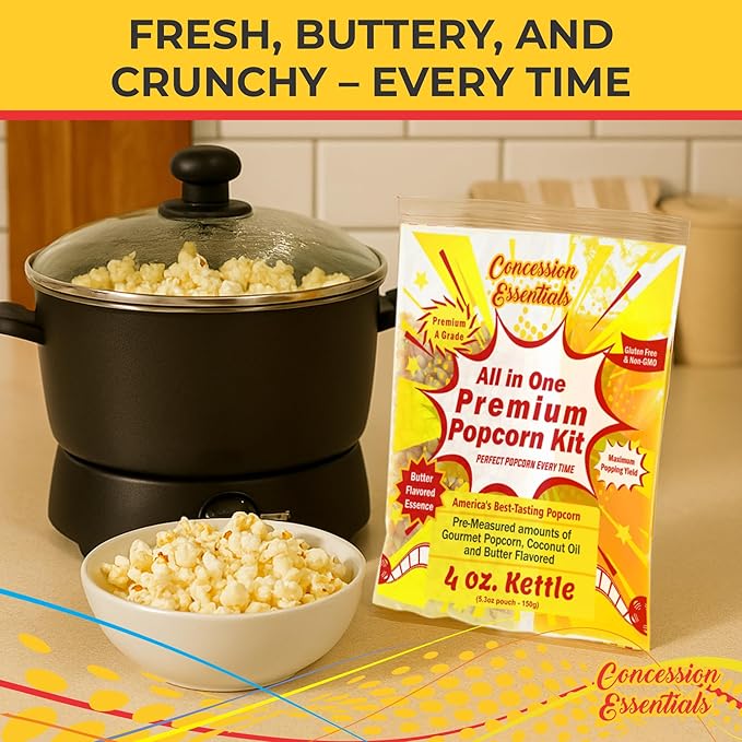 Concession Essentials 4oz Popcorn Portion Packs – Pre-Measured Kernels, Oil & Salt – Case of 12 Packs for Perfect Popcorn Every Time