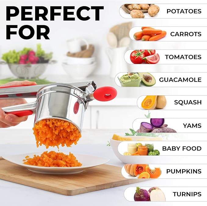Zulay Kitchen Premium Large 15oz Potato Ricer, Heavy Duty Professional Stainless Steel Potato Masher and Ricer Kitchen Tool, Press and Mash Kitchen Gadget - Red and Silver Fixed Disc