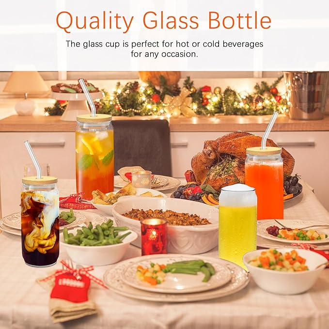 PeacePeo Glass Cups with Lids and Straws 20 Pcs 16 oz Ice Coffee Cup Skinny and Long Can Beer Cups Set Drinking Glasses with Bamboo Lids Reusable Glass Cups Ideal for Smoothies & Beverages