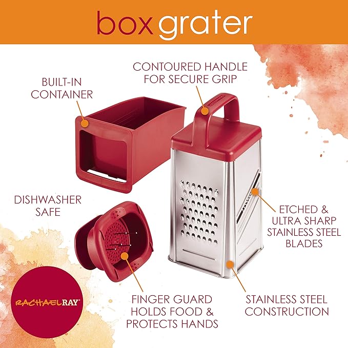 Rachael Ray Tools and Gadgets Stainless Steel Box Grater for Vegetables, Chocolate, Hard Cheeses, and more, Red(9.43 x 8.84 x 8.06 inches)