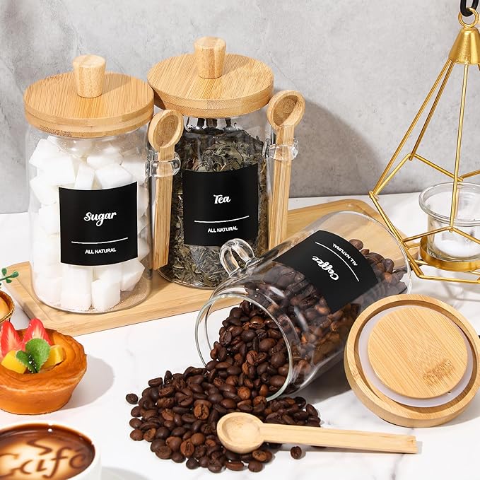 Suclain 3 Pcs Glass Coffee Container with Wooden Lid Spoon Shelf Labels Clear Airtight Jar Food Storage Canister Set for Sugar Spice Coffee Bean Holder Housewarming Gift(25 oz,Natural Bamboo)