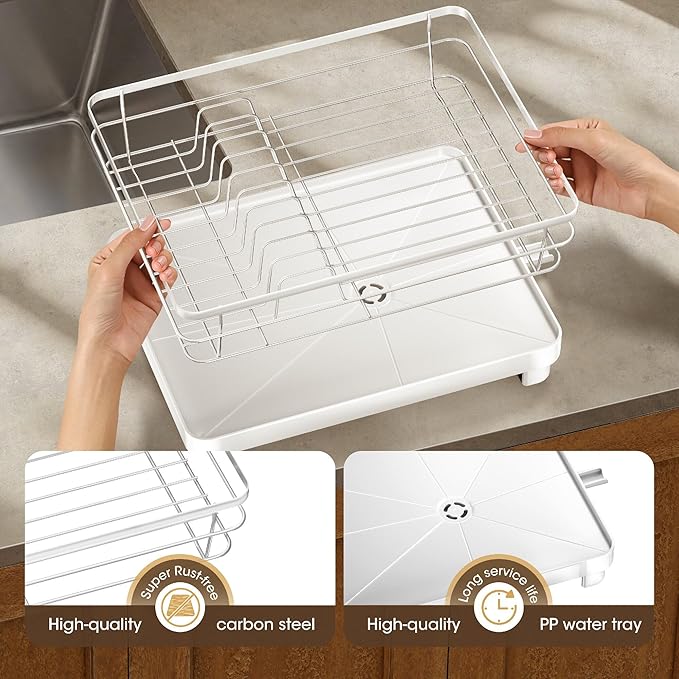 Runnatal Dish Drying Rack, Stainless Steel Dish Rack with Drainboard for Kitchen Counter and Sink, Detachable 2-in-1 Utensil Holder, Cup Holder, Large Capacity Dish Drainer, White