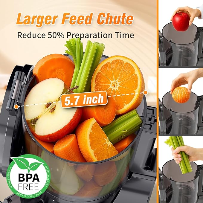 VENNXE Masticating Juicer Machines, 5.7" Extra Large Feed Chute Cold Pressed Juicer, Easy to Clean Slow Juicers, High Yield Electric Juice Extractor for Vegetable and Fruits, 50oz Capacity Juice Maker