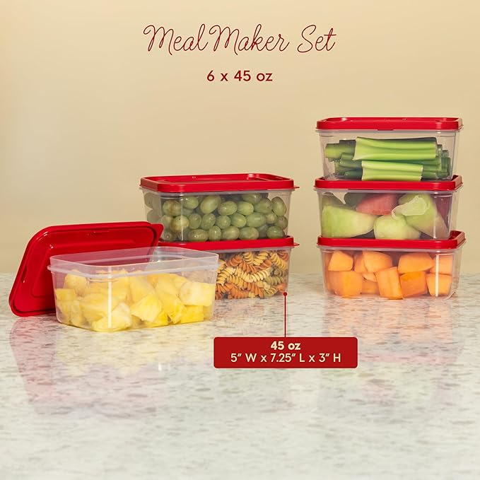 IRIS USA 12 PC Plastic Food Storage Containers With Lids | 6 Meal Prep Containers & 6 Lids| Leftovers Potluck Office Lunch Salad Snack Fruit, Microwave Dishwasher Freezer Safe, BPA Free, Clear/Red