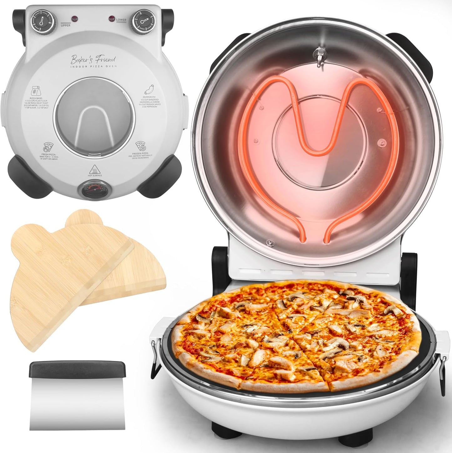 Baker's Friend Electric Pizza Oven Indoor Countertop, 12 Inch Maker Machine for Home, Cooker & Grill, Premium Glazed Ceramic Stone Oven, Creamy White