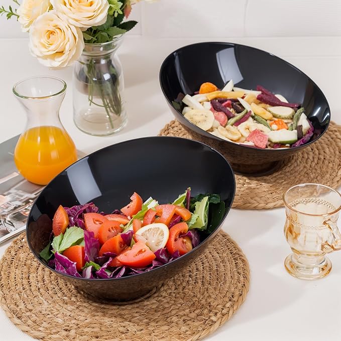 bUCLA 12 Pack Black Plastic Serving Bowls - 54 OZ Angled Bowls Disposable for Chip&Candy - Party Table Salad and Fruit for Party, Wedding & New Year