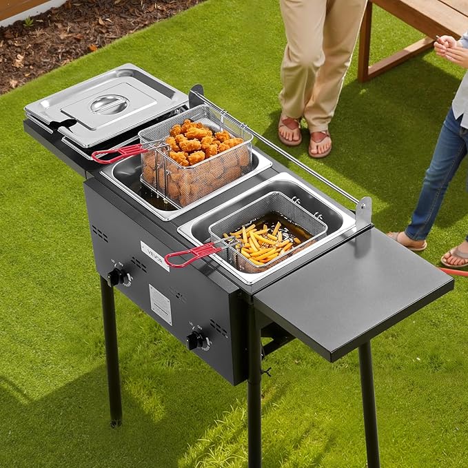 VEVOR Outdoor Propane Deep Fryer, Double Burners Commercial Fryer, 16 Qt Stainless Steel Cooker with Removable Baskets & Lids & Tanks, Oil Fryer Cart with Thermometer & Regulator, For Outdoor Cooking