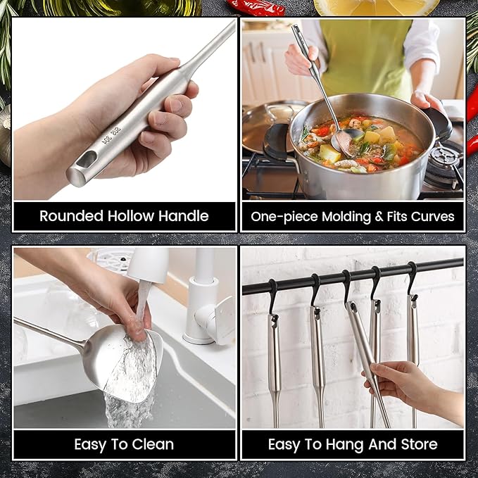 9 Pcs 304 Stainless Steel Utensils Set with Wood Handle Metal Cooking Tool Spatula, Solid Spoon, Slotted Spoon, Fork, Ladle, Skimmer, Slotted Spatula Spaghetti(Silver,Stainless Steel)