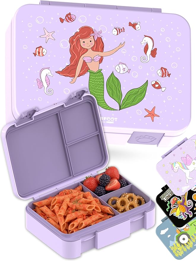 BEARFOOT Bento Box Compact, BPA-Free Children's Lunch Box for School & Nursery, Leak-Proof Lunch Box for Girls and Boys, Practical, Lightweight and Compact (Mermaid Purple, 4 Cups)