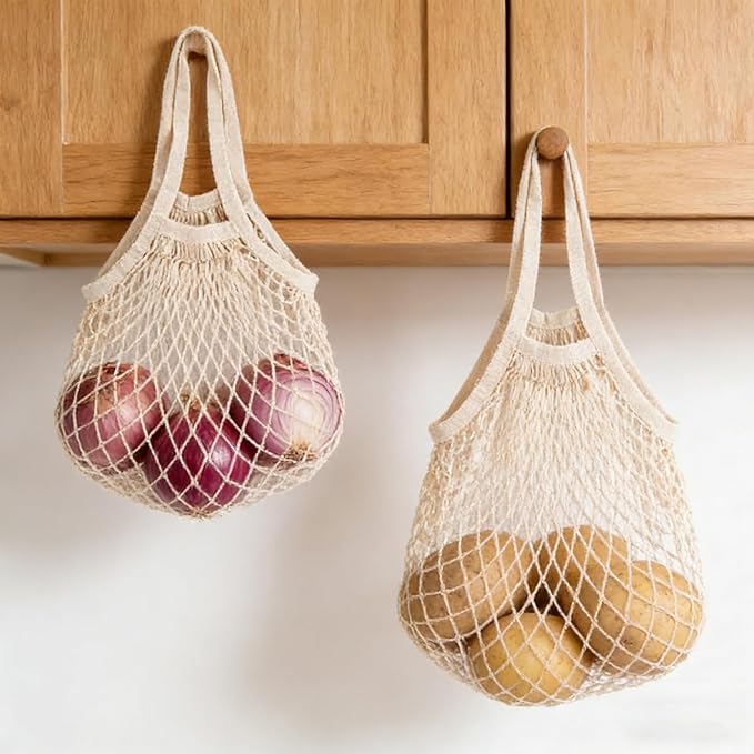 2 Pack Reusable Produce Bags | Mesh Net Washable Long Cotton String Handles for Fruits & Vegetables - Eco-Friendly Breathable Grocery Storage Solution