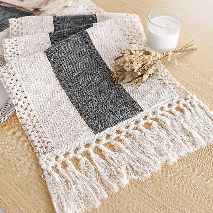 FEXIA Boho Table Runner for Home Decor with Tassels 48 Inches Long,Grey Farmhouse Rustic Table Runner Macrame Burlap Table Decoration for Living Room Bridal Shower(12x48 Inches)