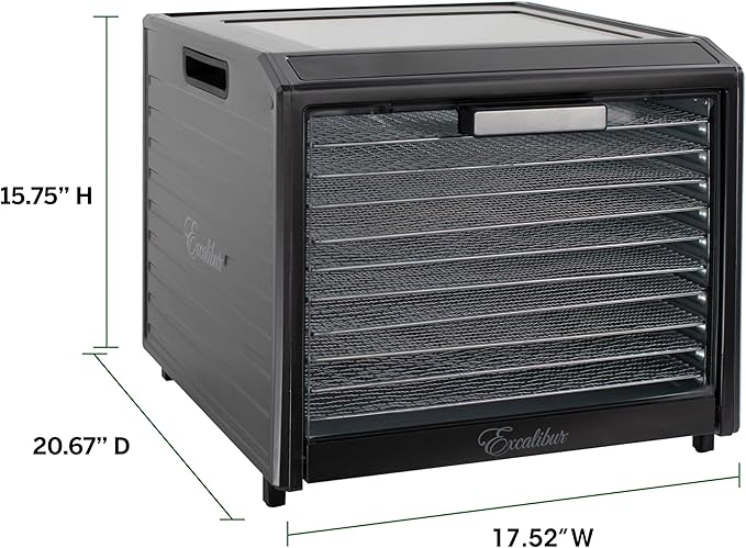Excalibur Electric Food Dehydrator Performance Series 10-Tray with Adjustable Temperature Control Includes Stainless Steel Drying Trays Glass Door Top View Window and LED Display Progress Bar, Black