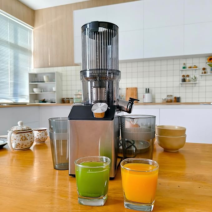Cold Press Juicer, Wide Feed Chute Juicer Machines, Stainless Steel Slow Masticating Juicers Easy to Clean, Vegetables & Fruits Juice Extractor, High Juice Yield, Silver Knob