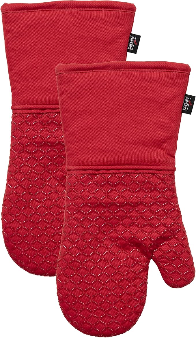 All-Clad Premium Ogee Silicone Printed Oven Mitt: Heat Resistant to 500 Degrees - 100% Cotton and Silicone, 14"x7" Oven Mitt for Kitchen and Barbeque, 2-Pack, Chili