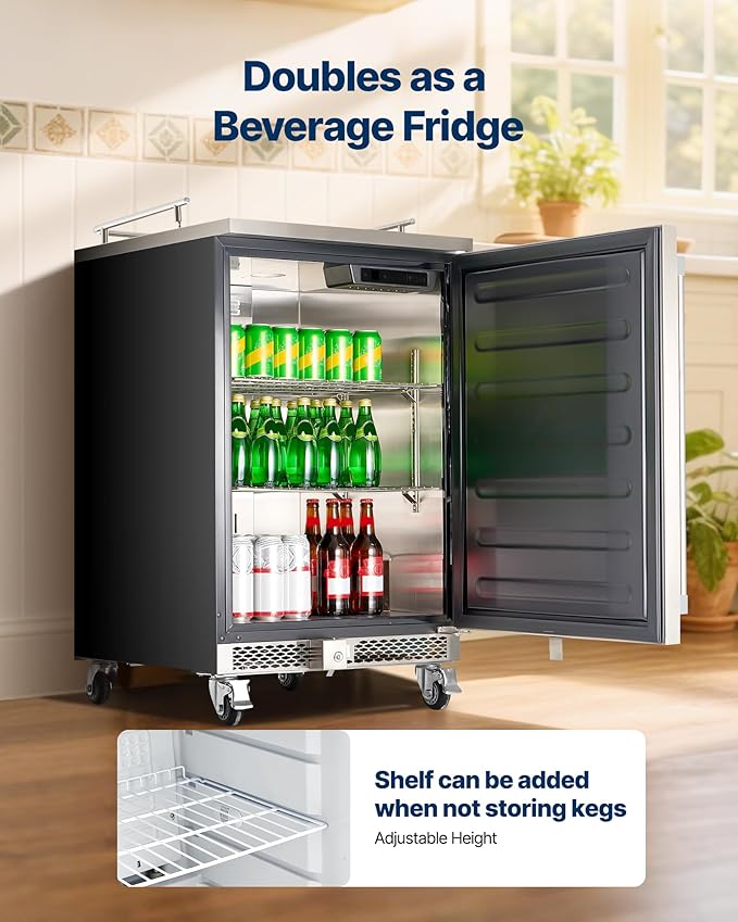 VEVOR Beer Kegerator, Triple Tap Commercial Draft Beer Dispenser for D system, Full Size Keg Refrigerator with 5lbs CO2 Tank, Hold 3 Sixth/2 Slim/3 Ball lock keg (3 taps - D system - stainless steel)